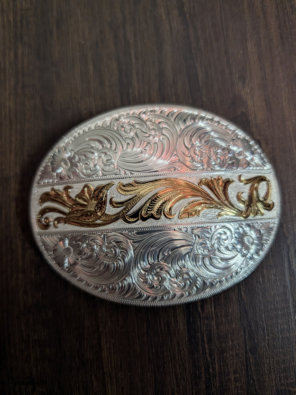 Montana Silversmiths Silver Plate Gold Floral Engraved Western Oval Belt Buckle